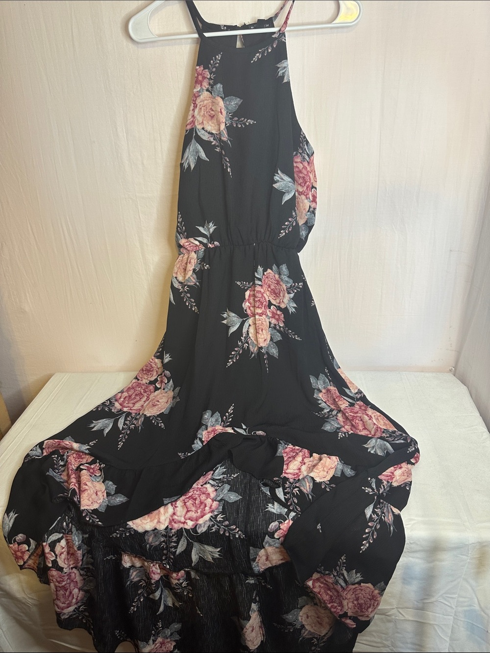 Black Floral Halter Maxi Dress with Pink Rose Print